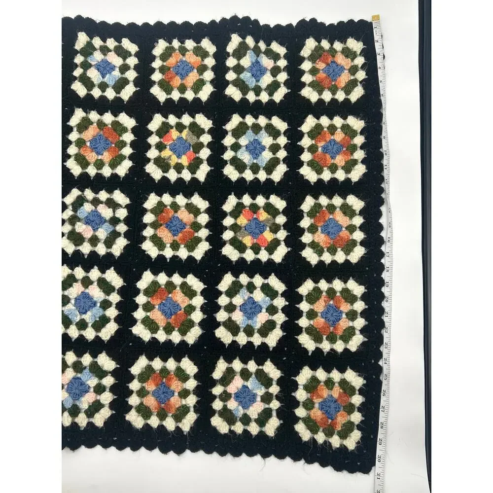 Vintage Crochet Granny Square Afghan Throw Blanket Black Multicolor 39x31 Boho
